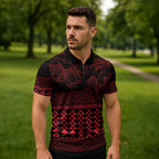 Red Taniko Kowhaiwhai Tukutuku Motif Zipper Polo Shirt - Aussie Hoodie
