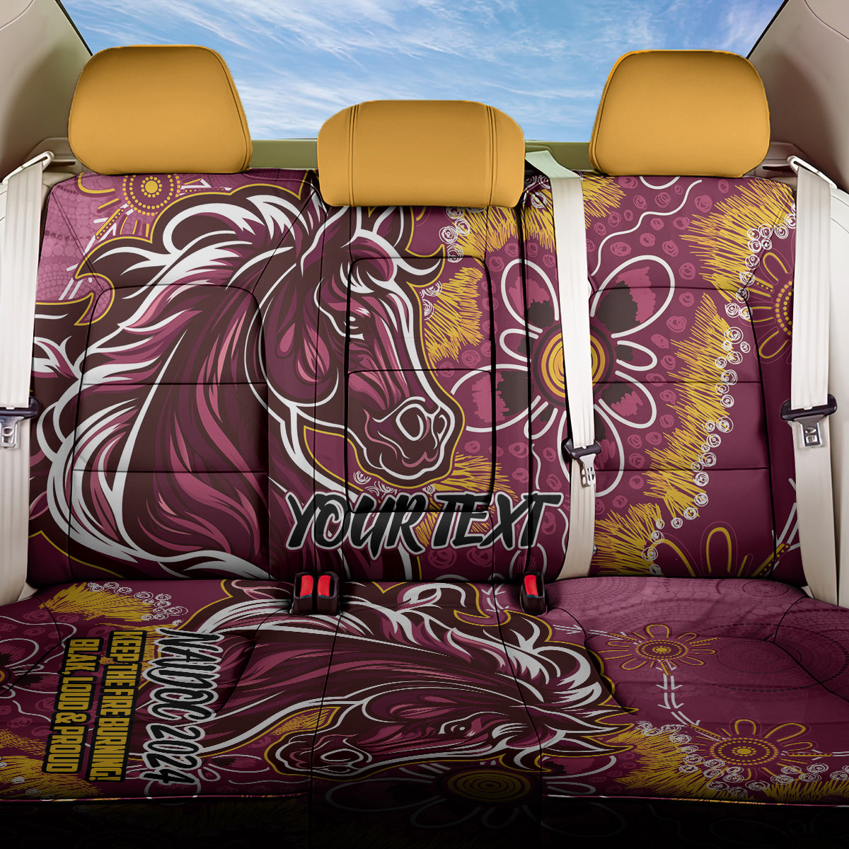 Personalised Broncos NAIDOC Week 2024 Back Car Seat Cover Aboriginal Fire Burning Sparks