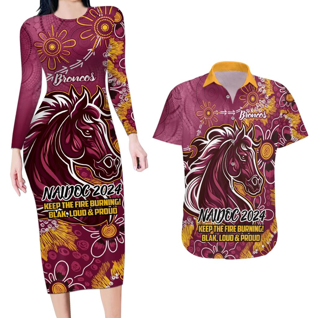 Personalised Broncos NAIDOC Week 2024 Couples Matching Long Sleeve Bodycon Dress and Hawaiian Shirt Aboriginal Fire Burning Sparks