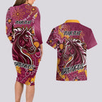 Personalised Broncos NAIDOC Week 2024 Couples Matching Long Sleeve Bodycon Dress and Hawaiian Shirt Aboriginal Fire Burning Sparks