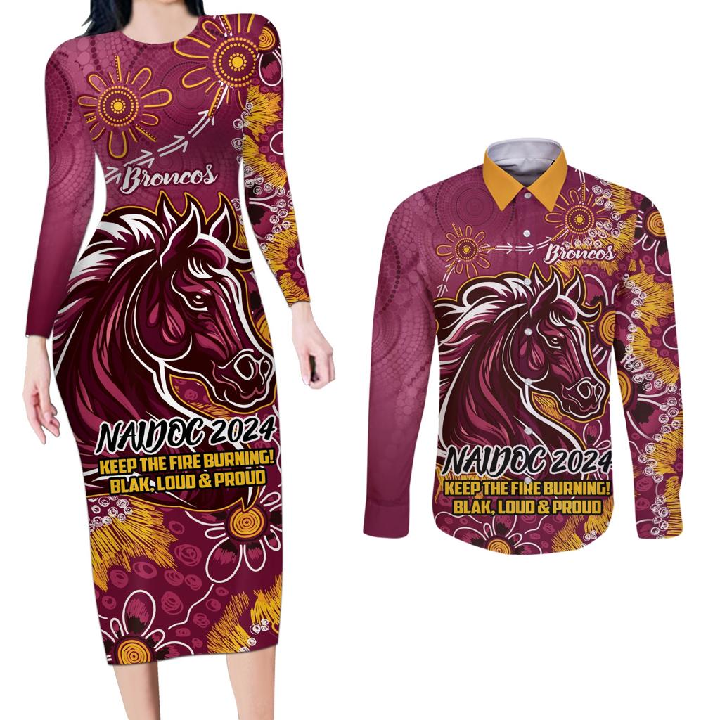Personalised Broncos NAIDOC Week 2024 Couples Matching Long Sleeve Bodycon Dress and Long Sleeve Button Shirt Aboriginal Fire Burning Sparks