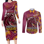 Personalised Broncos NAIDOC Week 2024 Couples Matching Long Sleeve Bodycon Dress and Long Sleeve Button Shirt Aboriginal Fire Burning Sparks