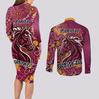 Personalised Broncos NAIDOC Week 2024 Couples Matching Long Sleeve Bodycon Dress and Long Sleeve Button Shirt Aboriginal Fire Burning Sparks