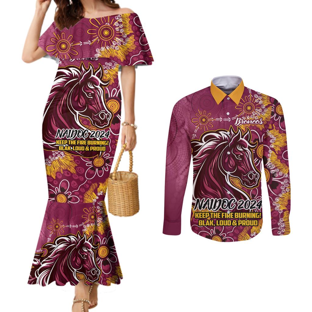 Personalised Broncos NAIDOC Week 2024 Couples Matching Mermaid Dress and Long Sleeve Button Shirt Aboriginal Fire Burning Sparks
