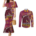 Personalised Broncos NAIDOC Week 2024 Couples Matching Mermaid Dress and Long Sleeve Button Shirt Aboriginal Fire Burning Sparks