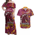 Personalised Broncos NAIDOC Week 2024 Couples Matching Off Shoulder Maxi Dress and Hawaiian Shirt Aboriginal Fire Burning Sparks