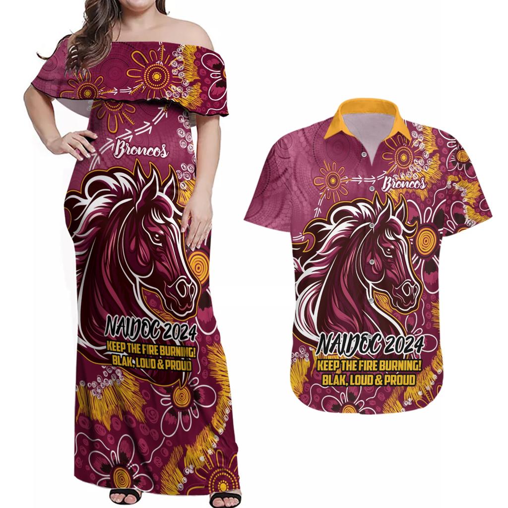Personalised Broncos NAIDOC Week 2024 Couples Matching Off Shoulder Maxi Dress and Hawaiian Shirt Aboriginal Fire Burning Sparks