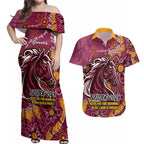 Personalised Broncos NAIDOC Week 2024 Couples Matching Off Shoulder Maxi Dress and Hawaiian Shirt Aboriginal Fire Burning Sparks