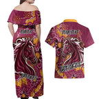 Personalised Broncos NAIDOC Week 2024 Couples Matching Off Shoulder Maxi Dress and Hawaiian Shirt Aboriginal Fire Burning Sparks