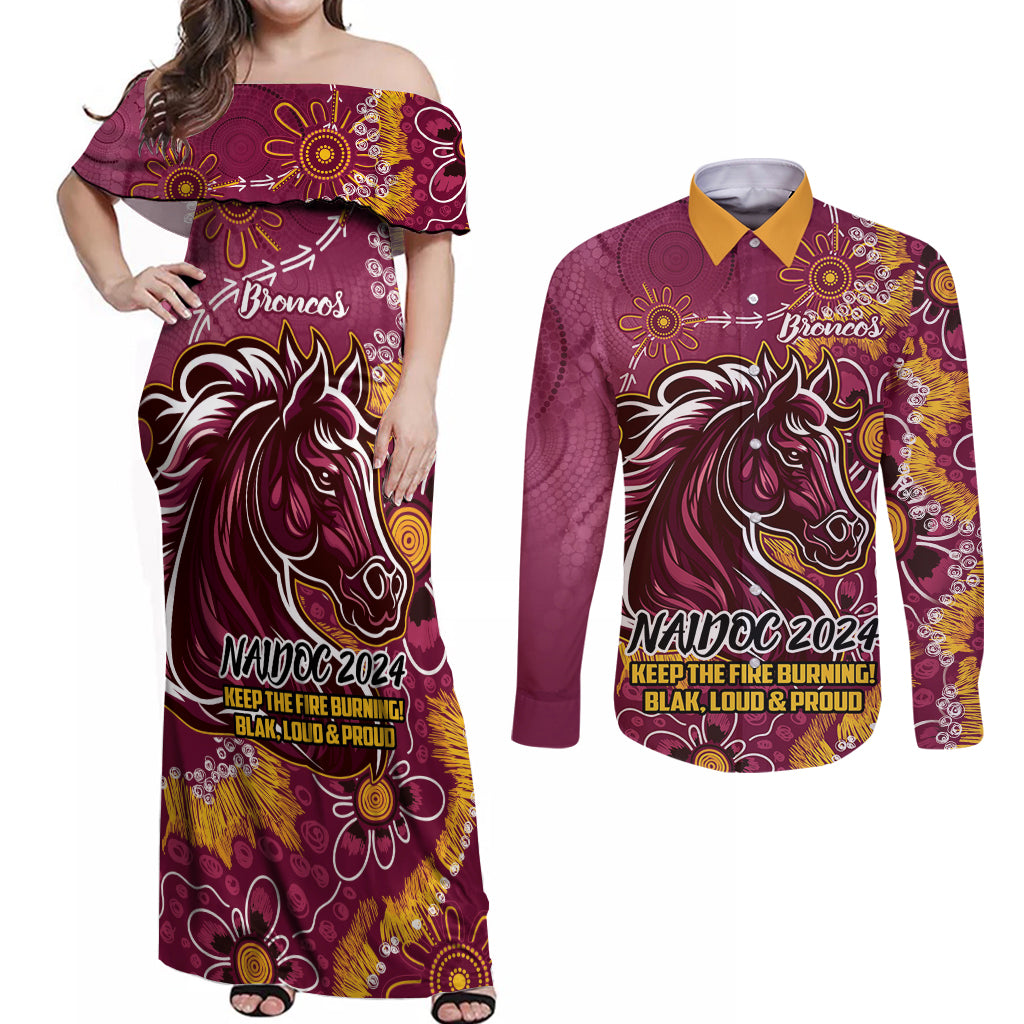 Personalised Broncos NAIDOC Week 2024 Couples Matching Off Shoulder Maxi Dress and Long Sleeve Button Shirt Aboriginal Fire Burning Sparks