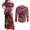Personalised Broncos NAIDOC Week 2024 Couples Matching Off Shoulder Maxi Dress and Long Sleeve Button Shirt Aboriginal Fire Burning Sparks