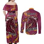 Personalised Broncos NAIDOC Week 2024 Couples Matching Off Shoulder Maxi Dress and Long Sleeve Button Shirt Aboriginal Fire Burning Sparks