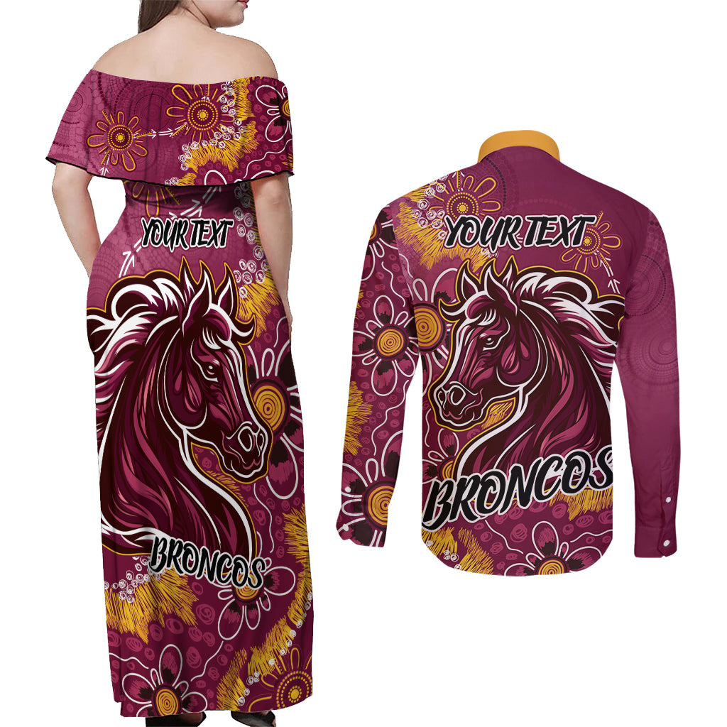 Personalised Broncos NAIDOC Week 2024 Couples Matching Off Shoulder Maxi Dress and Long Sleeve Button Shirt Aboriginal Fire Burning Sparks