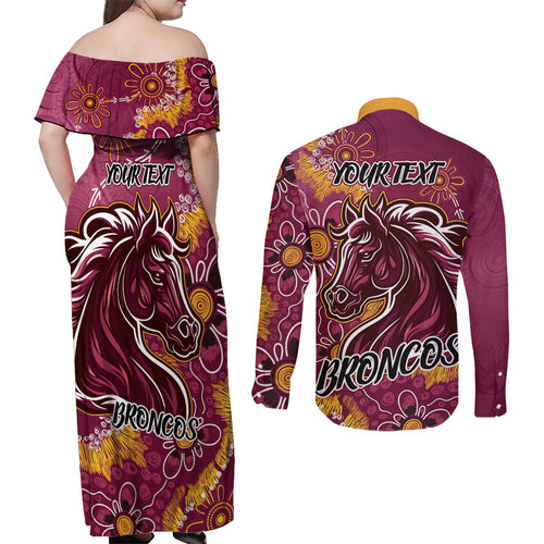 Personalised Broncos NAIDOC Week 2024 Couples Matching Off Shoulder Maxi Dress and Long Sleeve Button Shirt Aboriginal Fire Burning Sparks