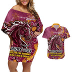 Personalised Broncos NAIDOC Week 2024 Couples Matching Off Shoulder Short Dress and Hawaiian Shirt Aboriginal Fire Burning Sparks