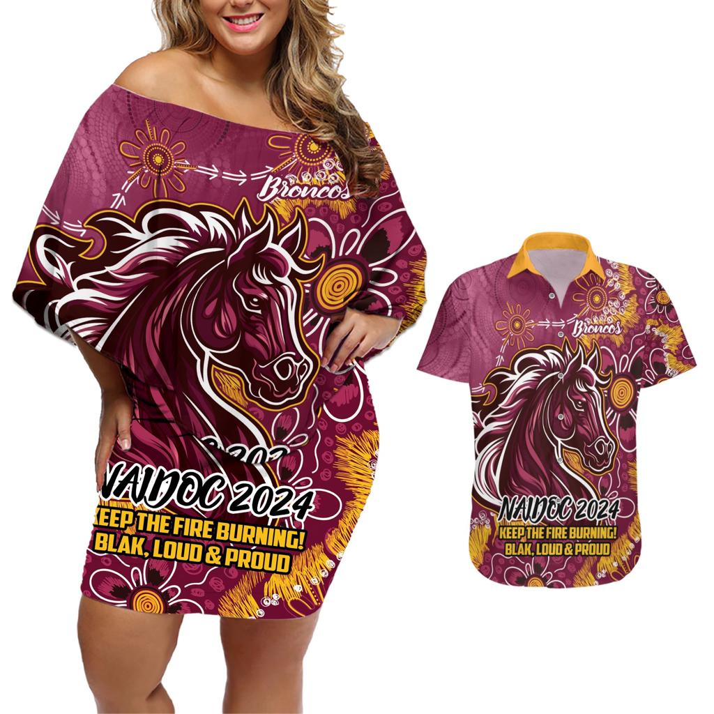 Personalised Broncos NAIDOC Week 2024 Couples Matching Off Shoulder Short Dress and Hawaiian Shirt Aboriginal Fire Burning Sparks