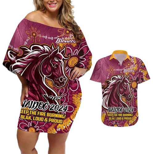 Personalised Broncos NAIDOC Week 2024 Couples Matching Off Shoulder Short Dress and Hawaiian Shirt Aboriginal Fire Burning Sparks