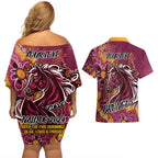 Personalised Broncos NAIDOC Week 2024 Couples Matching Off Shoulder Short Dress and Hawaiian Shirt Aboriginal Fire Burning Sparks