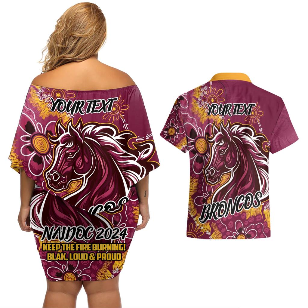 Personalised Broncos NAIDOC Week 2024 Couples Matching Off Shoulder Short Dress and Hawaiian Shirt Aboriginal Fire Burning Sparks
