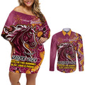 Personalised Broncos NAIDOC Week 2024 Couples Matching Off Shoulder Short Dress and Long Sleeve Button Shirt Aboriginal Fire Burning Sparks