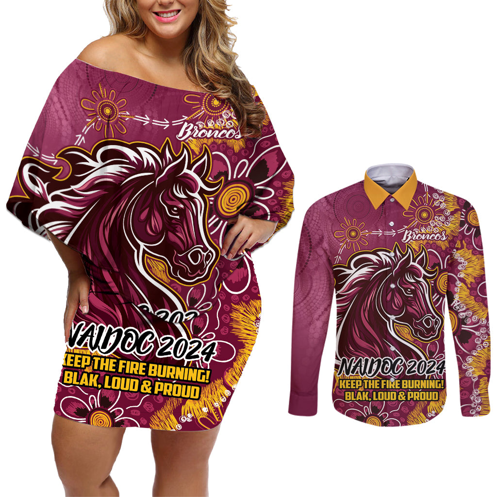 Personalised Broncos NAIDOC Week 2024 Couples Matching Off Shoulder Short Dress and Long Sleeve Button Shirt Aboriginal Fire Burning Sparks
