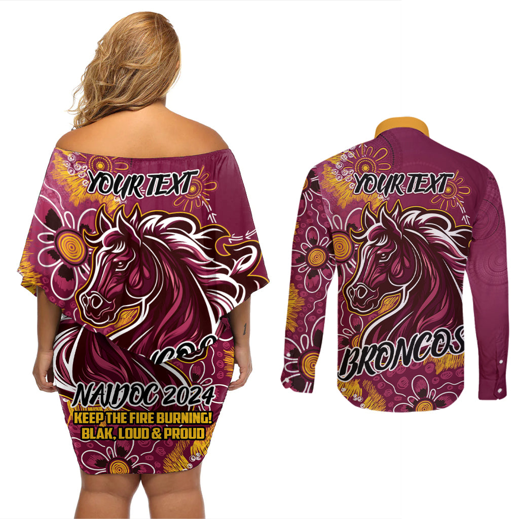 Personalised Broncos NAIDOC Week 2024 Couples Matching Off Shoulder Short Dress and Long Sleeve Button Shirt Aboriginal Fire Burning Sparks