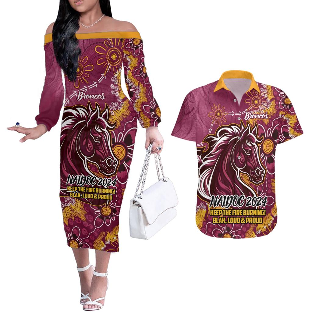 Personalised Broncos NAIDOC Week 2024 Couples Matching Off The Shoulder Long Sleeve Dress and Hawaiian Shirt Aboriginal Fire Burning Sparks