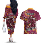 Personalised Broncos NAIDOC Week 2024 Couples Matching Off The Shoulder Long Sleeve Dress and Hawaiian Shirt Aboriginal Fire Burning Sparks