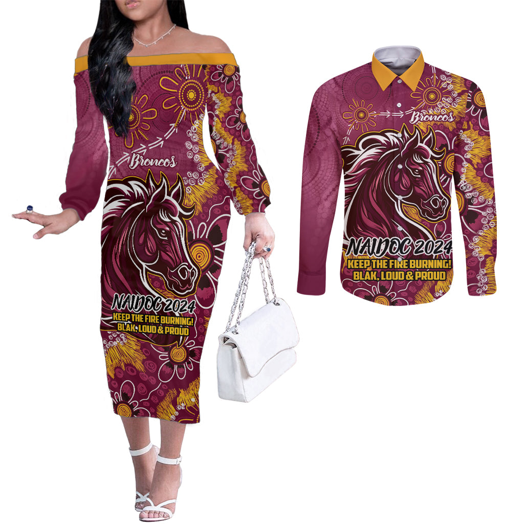 Personalised Broncos NAIDOC Week 2024 Couples Matching Off The Shoulder Long Sleeve Dress and Long Sleeve Button Shirt Aboriginal Fire Burning Sparks