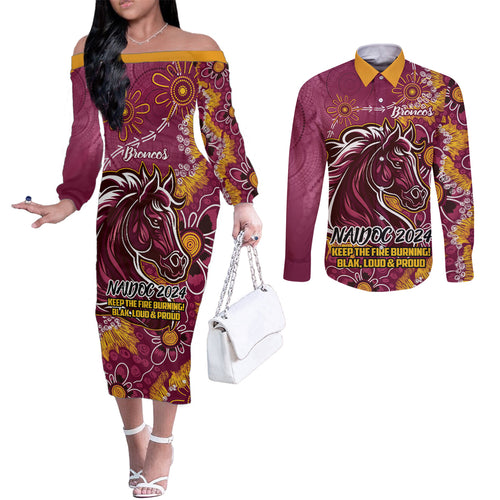 Personalised Broncos NAIDOC Week 2024 Couples Matching Off The Shoulder Long Sleeve Dress and Long Sleeve Button Shirt Aboriginal Fire Burning Sparks
