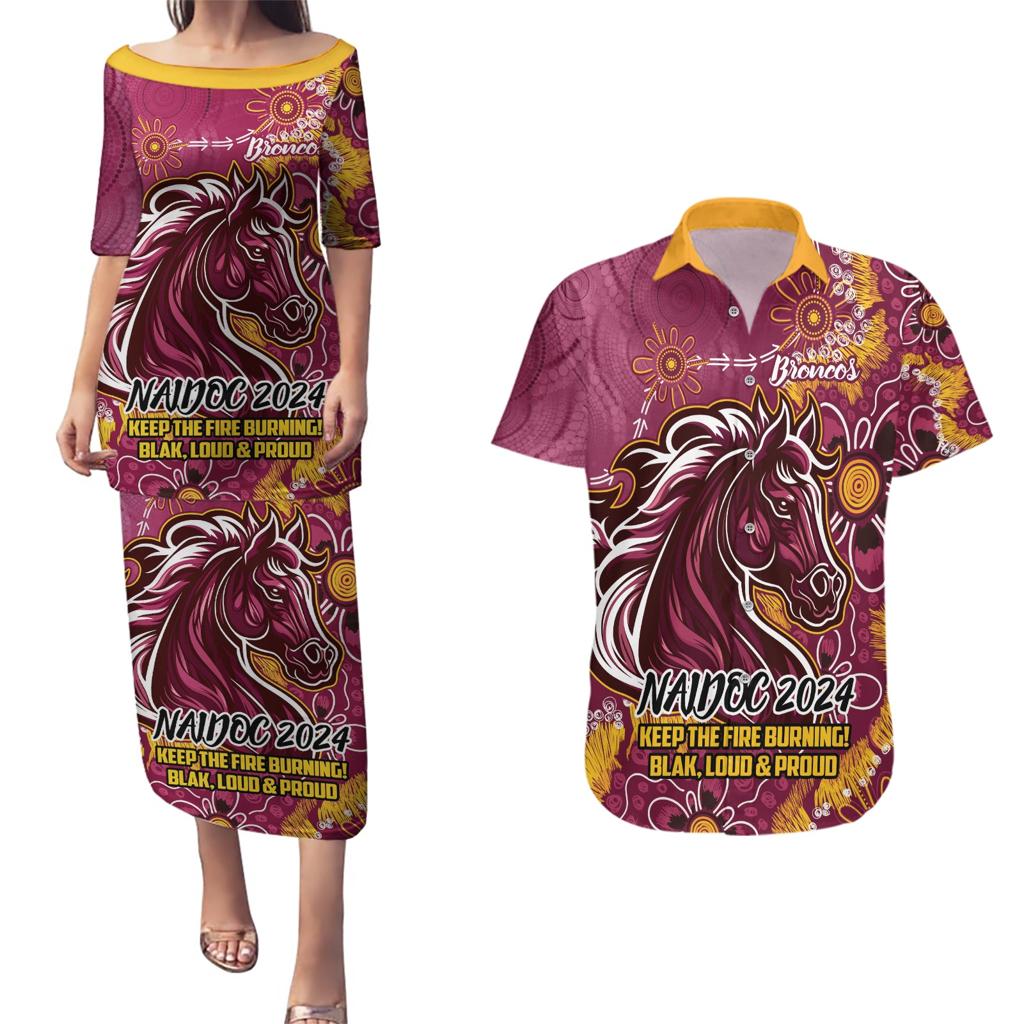 Personalised Broncos NAIDOC Week 2024 Couples Matching Puletasi and Hawaiian Shirt Aboriginal Fire Burning Sparks