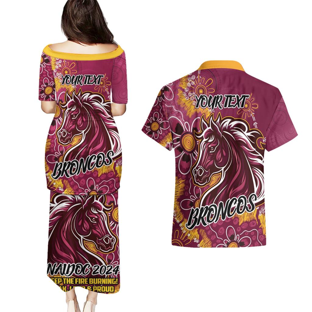 Personalised Broncos NAIDOC Week 2024 Couples Matching Puletasi and Hawaiian Shirt Aboriginal Fire Burning Sparks