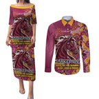 Personalised Broncos NAIDOC Week 2024 Couples Matching Puletasi and Long Sleeve Button Shirt Aboriginal Fire Burning Sparks