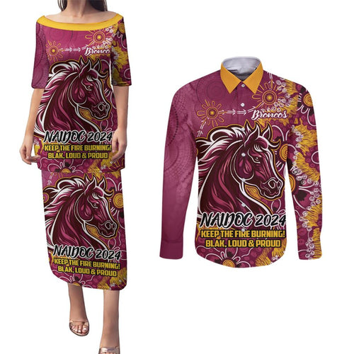 Personalised Broncos NAIDOC Week 2024 Couples Matching Puletasi and Long Sleeve Button Shirt Aboriginal Fire Burning Sparks