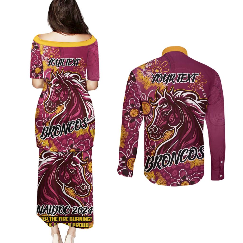 Personalised Broncos NAIDOC Week 2024 Couples Matching Puletasi and Long Sleeve Button Shirt Aboriginal Fire Burning Sparks