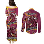 Personalised Broncos NAIDOC Week 2024 Couples Matching Puletasi and Long Sleeve Button Shirt Aboriginal Fire Burning Sparks