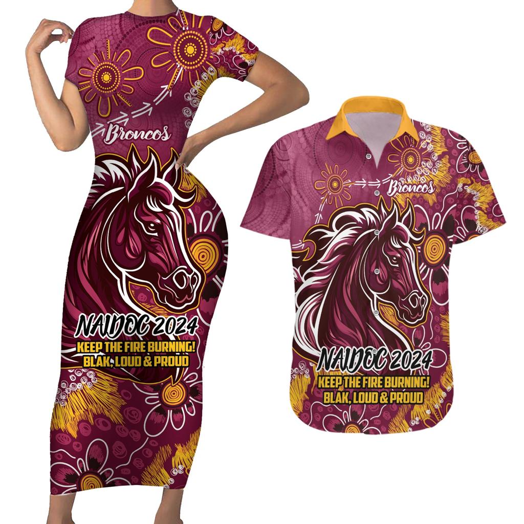 Personalised Broncos NAIDOC Week 2024 Couples Matching Short Sleeve Bodycon Dress and Hawaiian Shirt Aboriginal Fire Burning Sparks