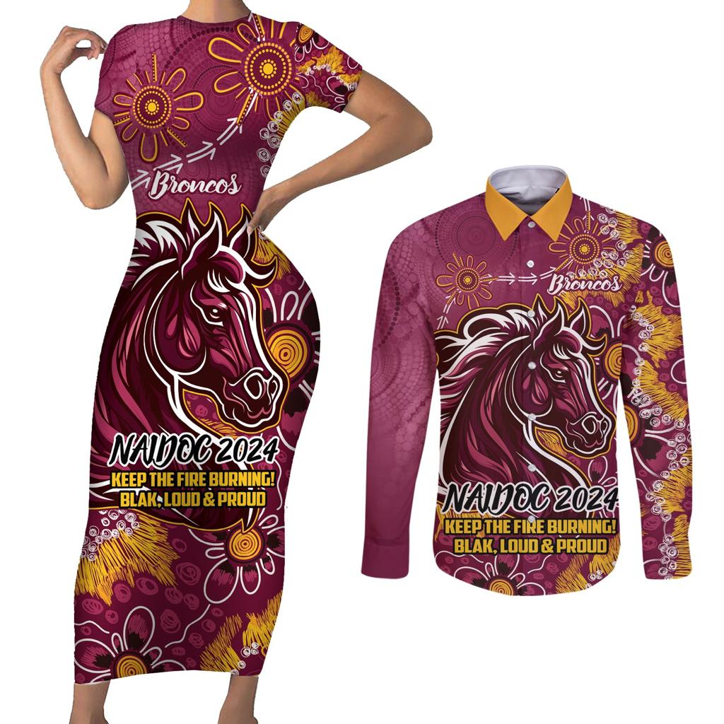Personalised Broncos NAIDOC Week 2024 Couples Matching Short Sleeve Bodycon Dress and Long Sleeve Button Shirt Aboriginal Fire Burning Sparks