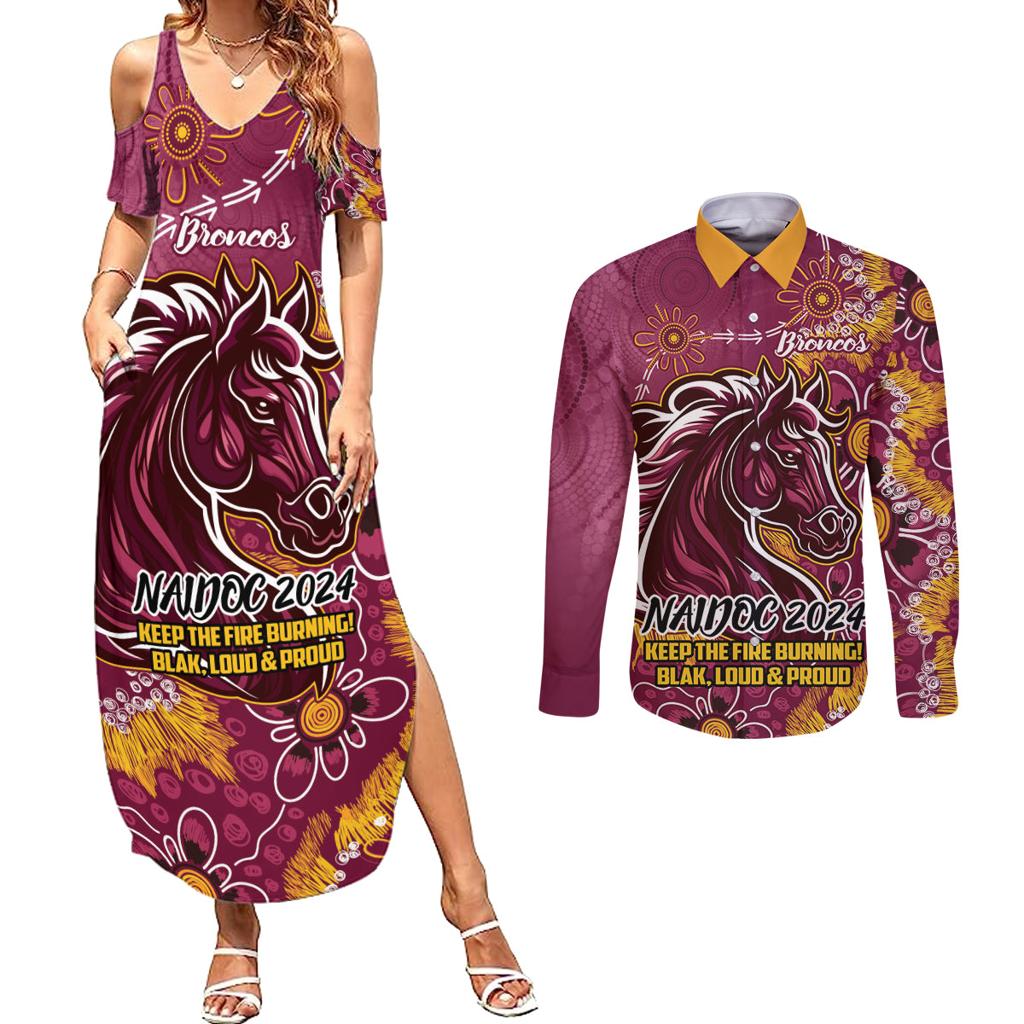 Personalised Broncos NAIDOC Week 2024 Couples Matching Summer Maxi Dress and Long Sleeve Button Shirt Aboriginal Fire Burning Sparks