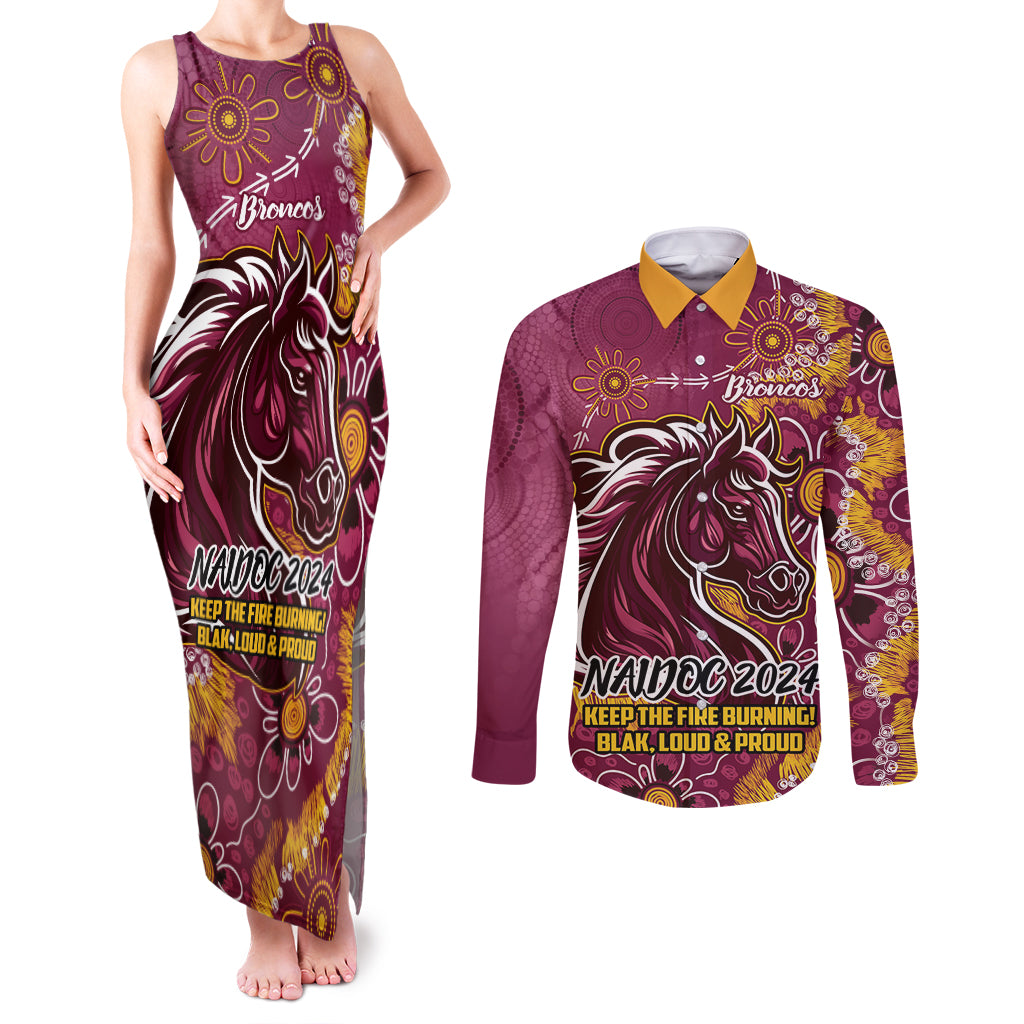 Personalised Broncos NAIDOC Week 2024 Couples Matching Tank Maxi Dress and Long Sleeve Button Shirt Aboriginal Fire Burning Sparks