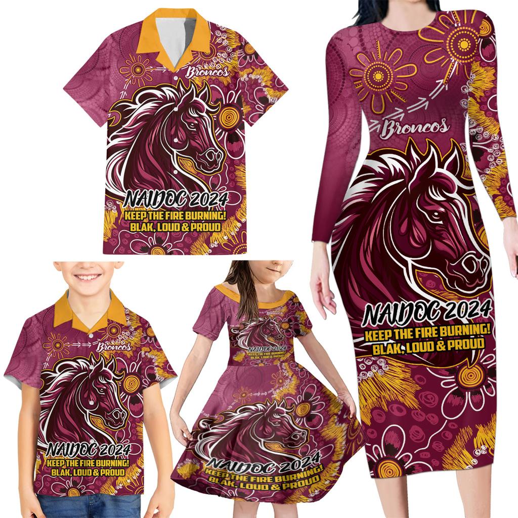 Personalised Broncos NAIDOC Week 2024 Family Matching Long Sleeve Bodycon Dress and Hawaiian Shirt Aboriginal Fire Burning Sparks