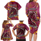 Personalised Broncos NAIDOC Week 2024 Family Matching Long Sleeve Bodycon Dress and Hawaiian Shirt Aboriginal Fire Burning Sparks