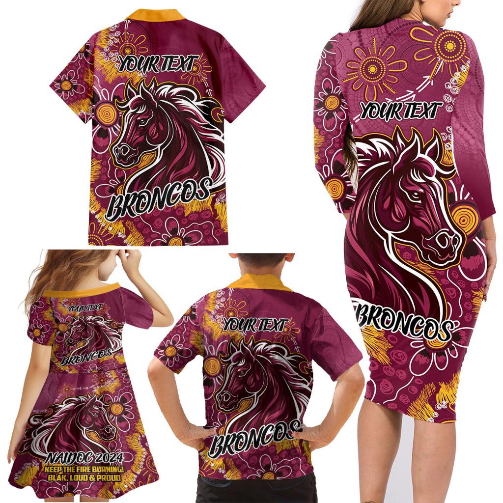 Personalised Broncos NAIDOC Week 2024 Family Matching Long Sleeve Bodycon Dress and Hawaiian Shirt Aboriginal Fire Burning Sparks