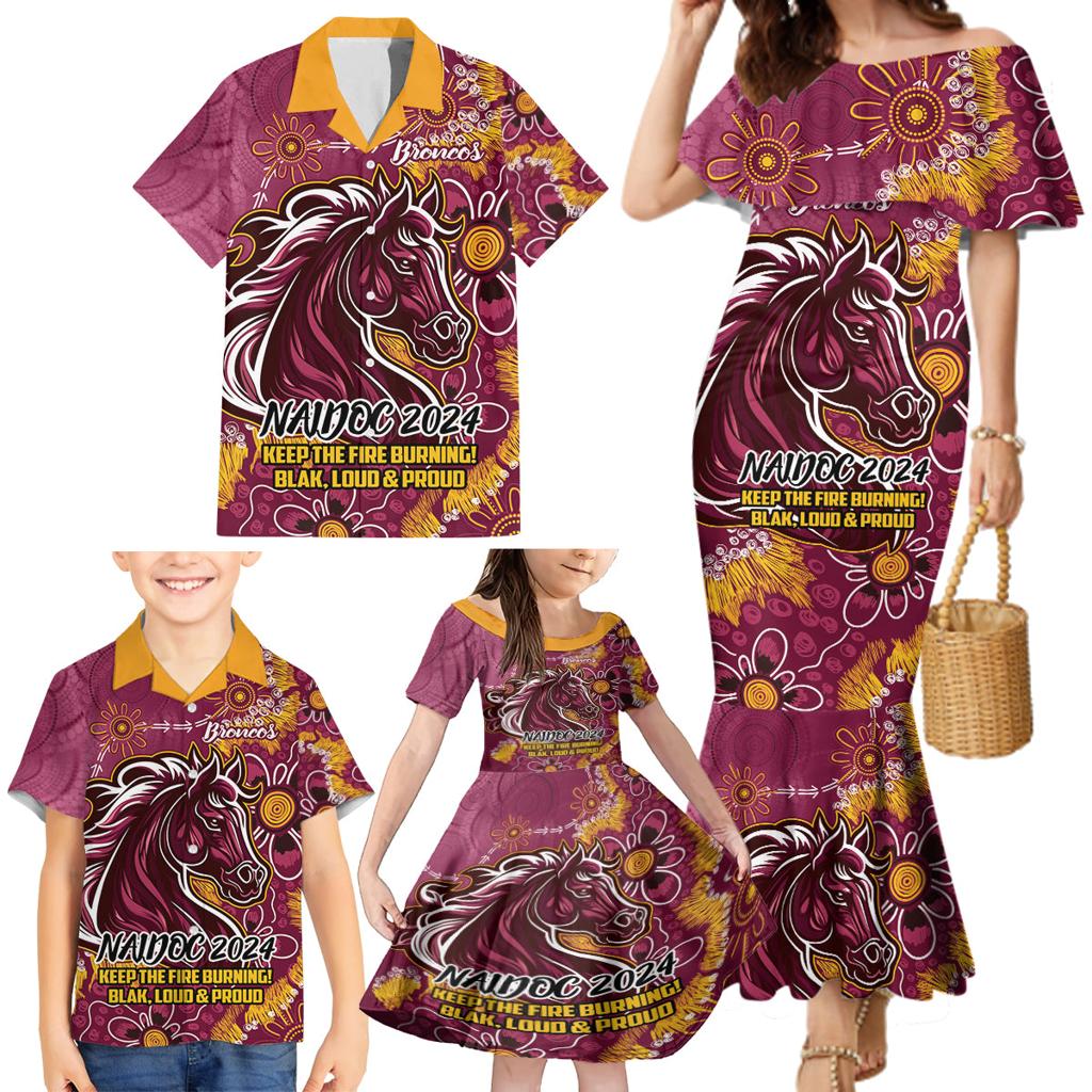Personalised Broncos NAIDOC Week 2024 Family Matching Mermaid Dress and Hawaiian Shirt Aboriginal Fire Burning Sparks