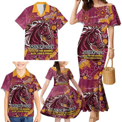 Personalised Broncos NAIDOC Week 2024 Family Matching Mermaid Dress and Hawaiian Shirt Aboriginal Fire Burning Sparks