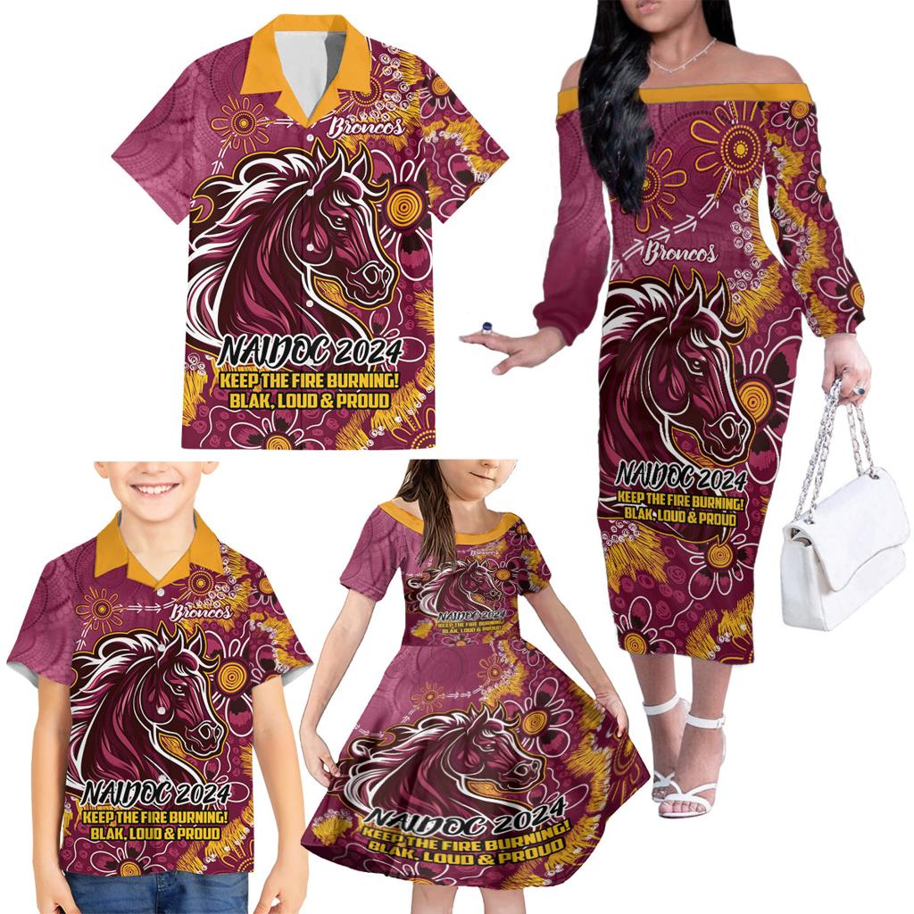Personalised Broncos NAIDOC Week 2024 Family Matching Off The Shoulder Long Sleeve Dress and Hawaiian Shirt Aboriginal Fire Burning Sparks