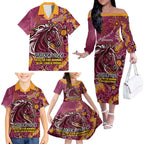Personalised Broncos NAIDOC Week 2024 Family Matching Off The Shoulder Long Sleeve Dress and Hawaiian Shirt Aboriginal Fire Burning Sparks