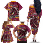 Personalised Broncos NAIDOC Week 2024 Family Matching Off The Shoulder Long Sleeve Dress and Hawaiian Shirt Aboriginal Fire Burning Sparks