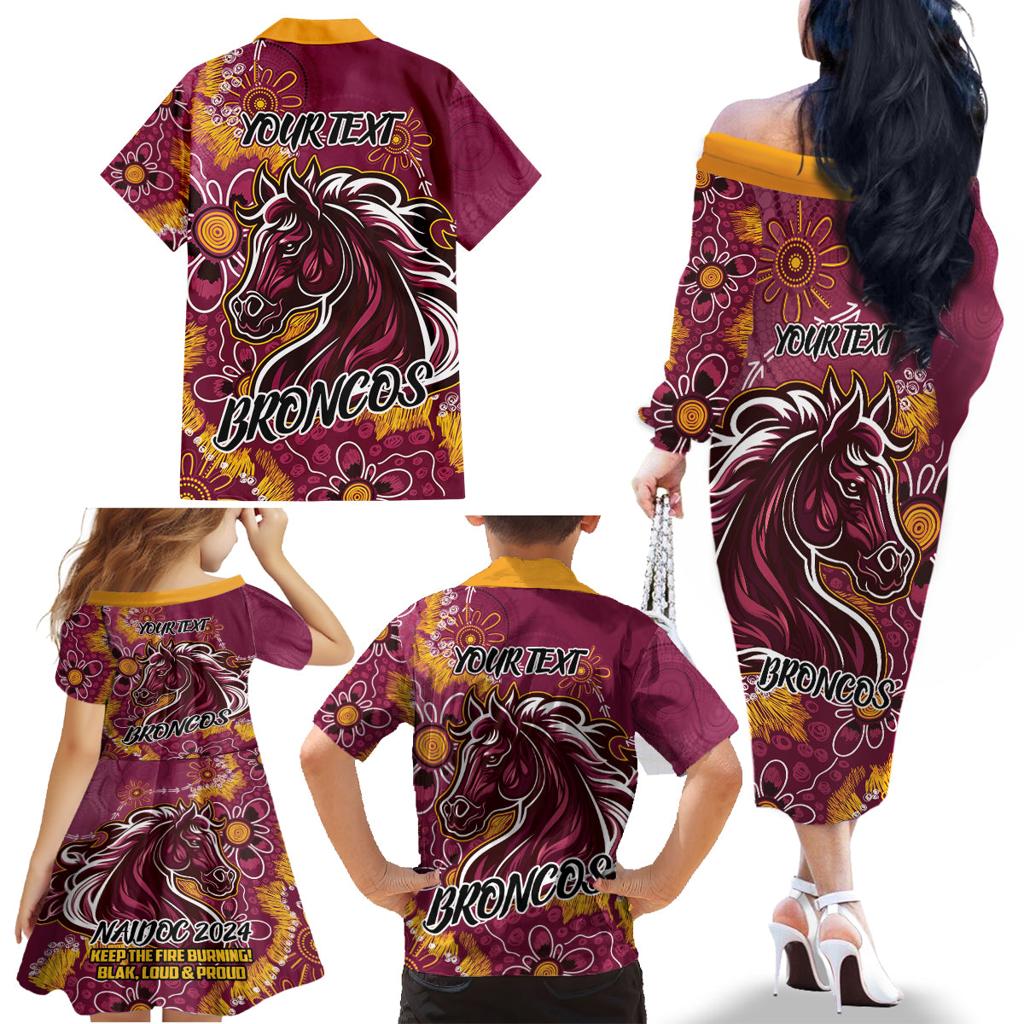 Personalised Broncos NAIDOC Week 2024 Family Matching Off The Shoulder Long Sleeve Dress and Hawaiian Shirt Aboriginal Fire Burning Sparks