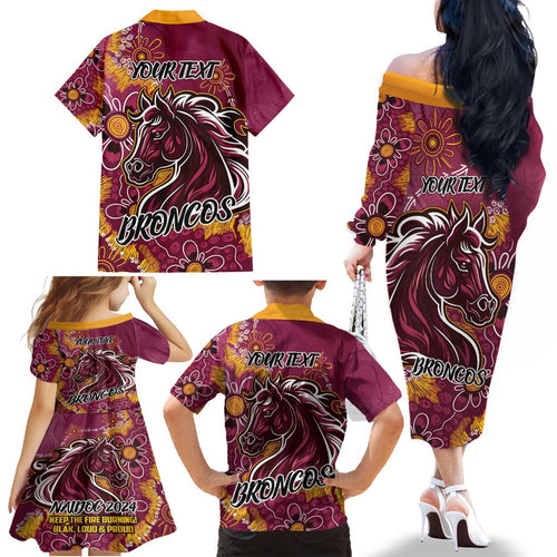 Personalised Broncos NAIDOC Week 2024 Family Matching Off The Shoulder Long Sleeve Dress and Hawaiian Shirt Aboriginal Fire Burning Sparks